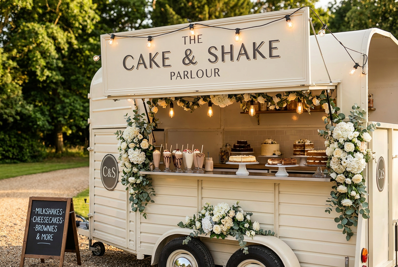 The Cake & Shake Parlour vintage horsebox serving milkshakes, cheesecakes and cakes at an outdoor event
